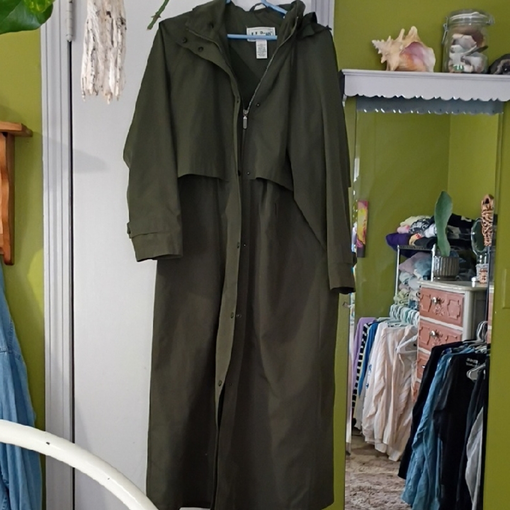 L.L. Bean Olive Green Hooded Trench Coat